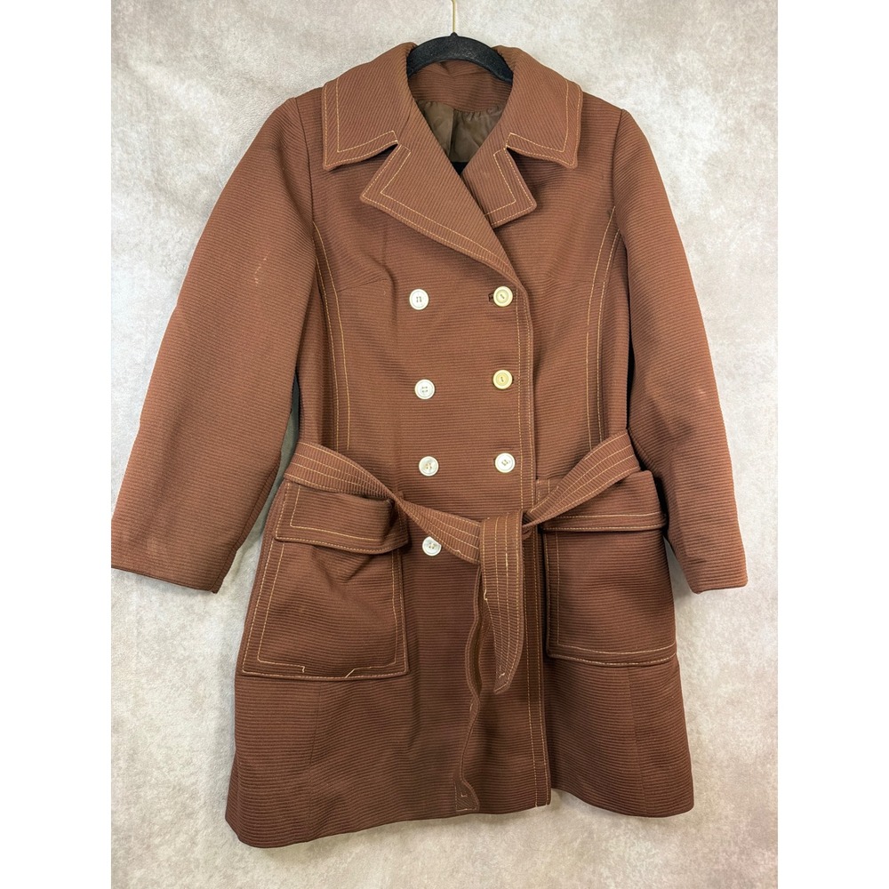 VTG MOD 60s Betty Rose Trench Coat Small Brown Ribbed Double Breasted Belted Med